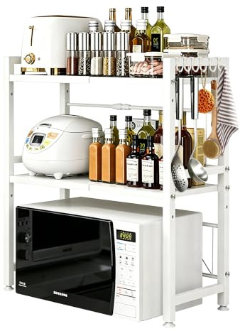 Erweiterbares Mikrowellenregal 40–63cm, 2-stufig Küchenorganizer mit Haken | Toasterregal für Küchenarbeitsplatte, flexibel ausziehbar, stabiler Küchengeräte-Ständer, Tragkraft 75 kg(Weiß)