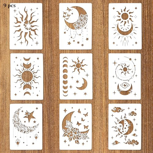Qianyu Lot de 9 pochoirs réutilisables pour peinture, soleil, étoile, lune, carrelage, murs, sol, loisirs créatifs, décoration d'intérieur, style rectangulaire