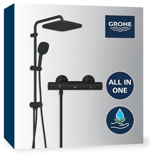 GROHE Vitalio 250 - Duschsystem mit separatem Thermostat (Renovierungsliebling, wassersparend, Sicherheitssperre bei 38°C, 2 Strahlarten, flexible Ausrichtung an Bohrlöcher), matt schwarz