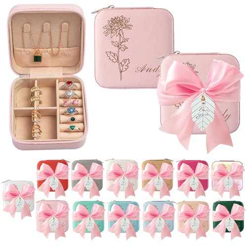 MJARTORIA Personalisiert Schmuckkästchen Klein Reise für Mädchen Damen, Schmuckschatulle Schmuckaufbewahrung mit Name Geburtstagsblume Initiale A bis Z für Ohrringe Kette Ringe Armband