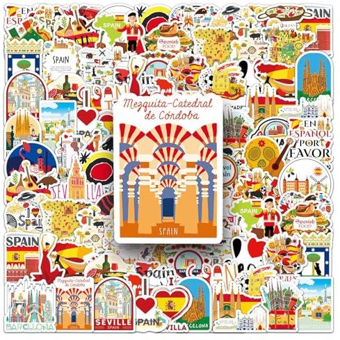 LYLSDSB Spanien Aufkleber 50 Stück Wasserdicht ästhetisch Spain Landschaftliche Sticker für Skateboard Scrapbook Laptop Wasserflaschen Auto Gepäck Gitarre,Vinyl Reise Aufkleber für Erwachsene Mädchen