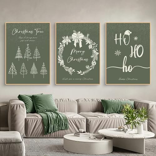 Uixxducc 3er Weihnachts-Poster Set, Winter Bilder Set, Grüner Weihnachtsbaum Weihnachtskranz Wandkunst Wandbilder Wohnzimmer Weihnacht Wanddeko für Wohnkultur, Ohne Rahm (50x70cm)