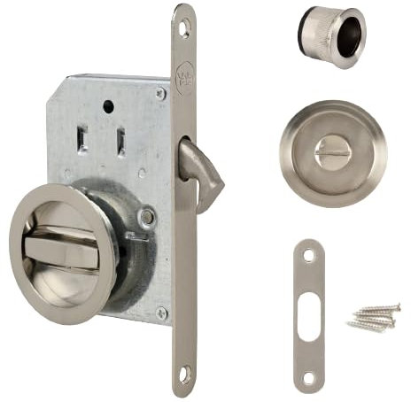 Yale - Juego de cerradura para puerta corrediza, cerradura de condena y asas redondas empotrables, diámetro interior asas 48 mm, acero acabado niquelado cepillado, incluye sacadedos, pasador,