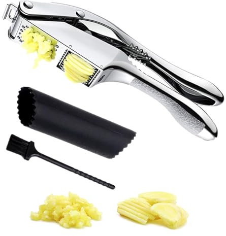 CLKE 2-in-1 Garlic Press & Crusher, Heavy Duty Garlic Crusher Press with Silicone Peeler & Cleaning Brush, Stainless Steel Garlic Press Crusher with Ergonomic Handle, Kitchen Tool Accessories