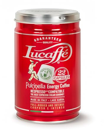 Lucaffè - Boîte à 22 capsules compostables compatible avec Nespresso machine a café, Pulcinella | Torréfaction Foncé | Goût corsé et liquoreux | Arôme intense et enveloppant