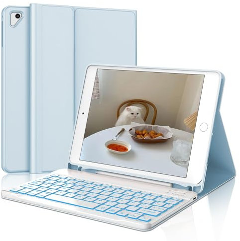 IVEOPPE Teclado iPad 6 Generación 9.7, Funda Teclado Español Bluetooth Retroiluminados Wireless para iPad 6a Gen 2018 /5a Gen/Pro 9.7/ Air 2/Air 1, Azul Cielo