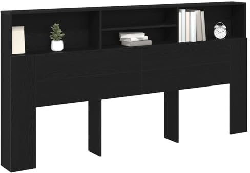 vidaXL Black Oak Wood Headboard Cabinet 200x19.3x103.5cm - Bed Storage Shelves for Bedrooms/Indoor Decor, Rectangular Matte Finish, Assembly Required