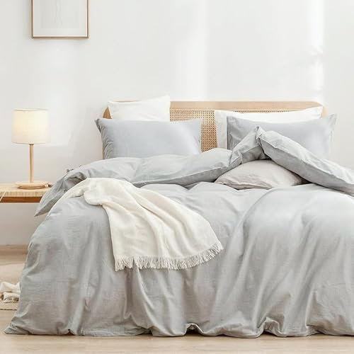 Baumwolle Bettwäsche 155x220cm Grau Hellgrau 3Teilig Doppelbett Uni Bettwäsche Set OekoTex Zertifiziert für Allergiker Weich Bettbezug Baumwolle und 2 Kissenbezüge 80x80 mit Reissverschluss