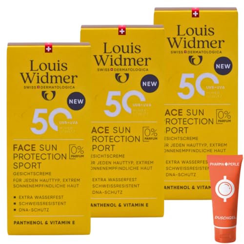 Louis Widmer Face Sun Protection Sport 50, 3x 50 ml I leichte, feuchtigkeitsspendende Gesichtsemulsion I extra wasserfest I schweissresistent I hoher UV-Schutz I Spar-Set plus Pharma-Perle give-away