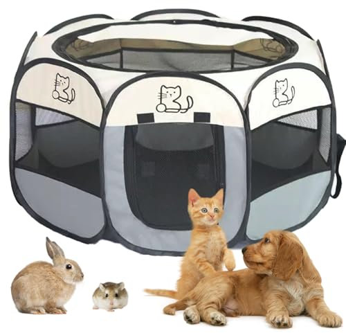 Welpenauslauf 74x74x43cm, BRIMOREA Katzenkäfig Hundekäfig für zuhause, Wurfkiste Wurfbox für Katzen Kaninchenstall innen Katzengehege Balkon Katzenkäfig für Draußen Kaninchengehege(Graue Katze)