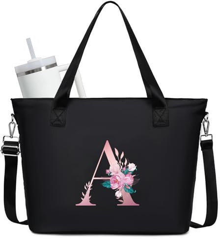 JANSBEN Groß Shopper Handtasche Damen mit Personalisierte Initialen Umhängetasche mit 15,6 Zoll Laptopfach & Stanley Cup Taschen Schultertasche mit Reißverschluss Tote Bag für Arbeit, Reisen, Schwarz
