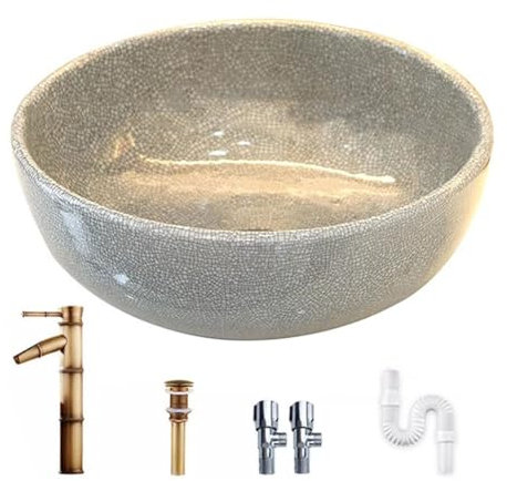Sxlawesom Cuvette Lavabo en céramique, Lavabo sous Plan avec Robinet en cuivre et bonde escamotable, Rond(Grey,35x15cm)