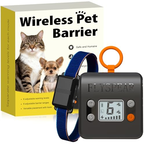 FLYSPEAR Barrière pour chat sans fil – Barrière d'intérieur rechargeable avec 6 rayons de portée réglables jusqu'à 2,1 m, 6 intensités statiques réglables, système de clôture électrique pour chiens