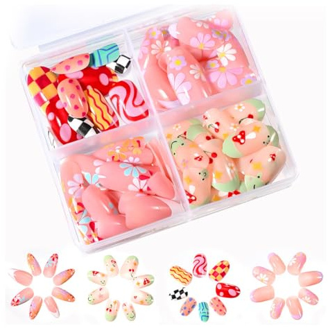 96 Piezas Uñas para Niños, Uñas Falsas de Niños Dibujos Animados Lindo, Press On Nails, Uñas Postizas de Cobertura Completa, Uñas Artificiales Regalo para Niñas, No Pegajoso, Sin Pegamento