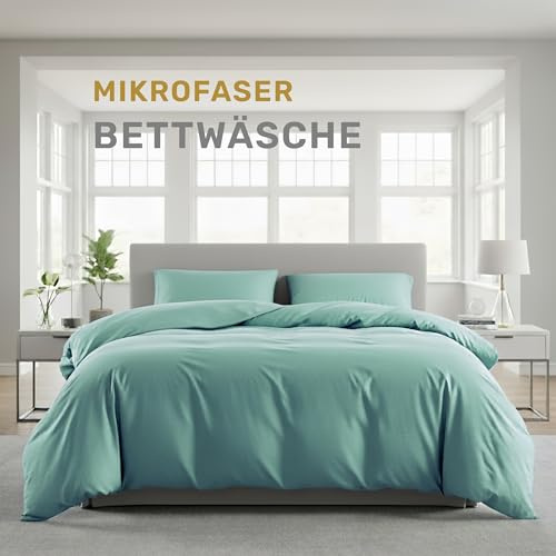 Lavea® Bettwäsche 155x220 cm, 4-teilig, 2 Bettbezüge 155x220 cm, 2 Kissenbezüge 80x80 cm, Mikrofaser, weich, atmungsaktiv, pflegeleicht, hypoallergen, Markenreißverschluss, Bettwäsche-Sets Eukalyptus