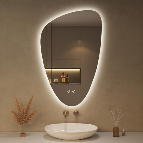 OUMUSU Badspiegel mit Beleuchtung 50 x 78 cm Asymmetrischer LED Spiegel Bad mit Touch-Schalter, Dimmbar 3 Lichtfarbe Einstellbare, Beschlagfrei Badezimmerspiegel mit Beleuchtung, Bruchsicher