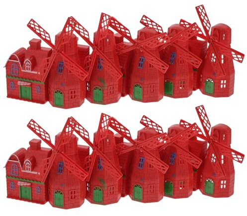 FONDOTIN Lot de 10 Moulins à Vent Miniatures Rouges en Plastique, Décor de Micro-Paysage et Jardin Féerique, Ornement Vintage pour Scènes de Ferme, Accessoires Maison Miniature, Bâtiments