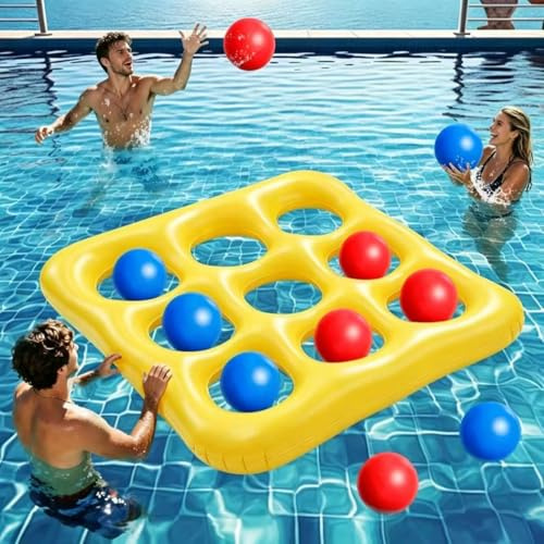 Pool Spielzeug Tic Tac Toe 3x3 - Aufblasbares Schwimmspiel mit 10 Bällen und Luftpumpe - Poolspielzeug für Kinder und Erwachsene - Wasserspiel für Garten Pool Party Sommer