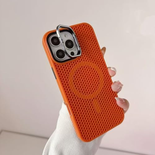 GHVWYX Griglia a nido d'ape per raffreddamento per custodia per iPhone 16 17 Pro Max 15 14 13 12 11 Supporto per obiettivo in lega Cover per ricarica wireless (per iPhone 17/arancione)