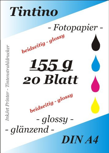 2 seitig glaenzend - double side glossy - 20 Blatt Fotopapier DIN A4 155g/qm - beidseitig glossy glaenzend bedruckbar - sofort trocken - wasserfest - hochweiß - fuer InkJet/Tintenstrahldrucker
