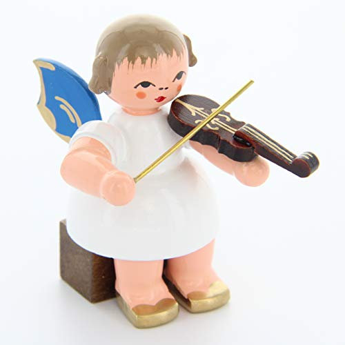Engel mit Violine - Blaue Flügel - sitzend - 5cm / Weihnachtsengel - Original Erzgebirge Engel -Kunstgewerbe Uhlig