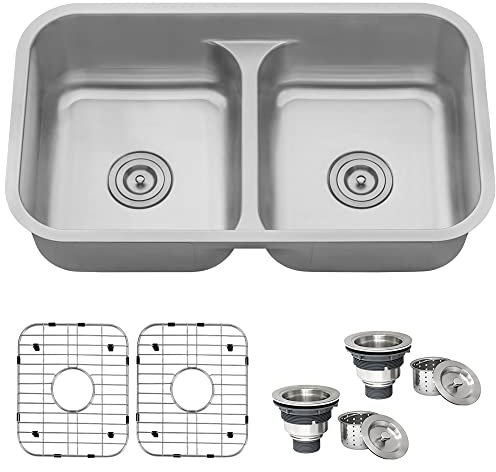 Ruvati RVM4350 Undermount 16 Gauge 32 Low Divide Kitchen Sink Double Bowl, Stainless Steel