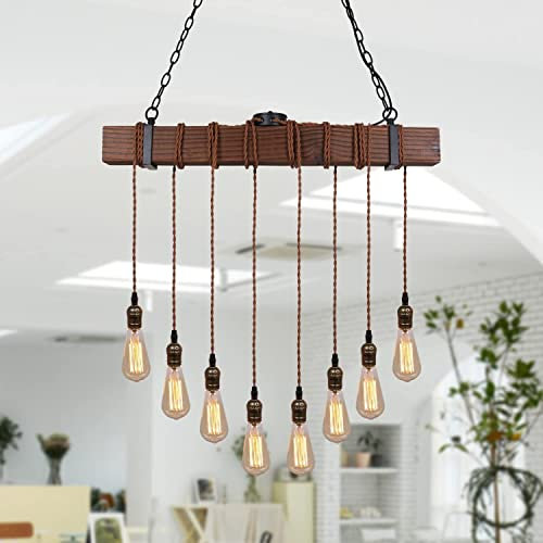 Luces colgantes de granja para isla de cocina, lámparas de cocina, lámpara rústica para comedor con 8 enchufes E26, lámparas colgantes de techo de metal negro y vigas de madera, luces colgantes