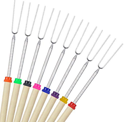 COVVY 8 Stücke Marschmallow Röstgabeln Grill Spieße Gabeln BBQ Marshmallow Röster Spieße Set Teleskopspieße Spieße Ausziehbar Edelstahl mit Holzgriff für Kinder 31cm-82cm (Mit Bambusstäbe)
