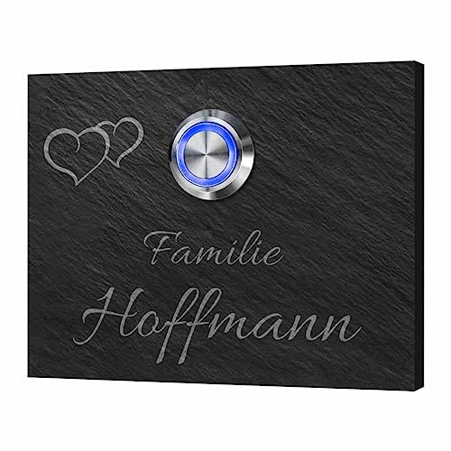 Individuelle Türklingel aus Schiefer mit personalisierter Gravur - Klingel Modell Hoffmann 9x7 cm oder 11x8 cm | Optional mit hübscher Dekorplatte aus Acrylglas und beleuchtetem Klingelknopf