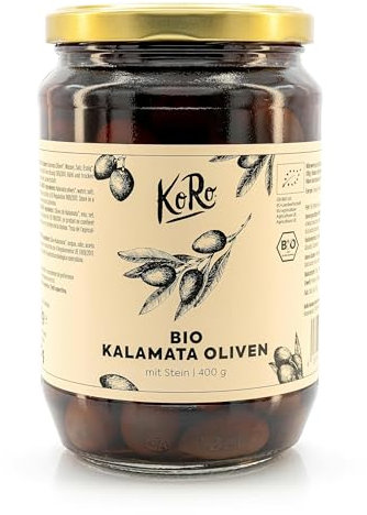KoRo - Olive Kalamata bio con nocciolo 400 g - gusto unico - olive naturali in salamoia - originali dalla Grecia - ideali per antipasti e aperitivi