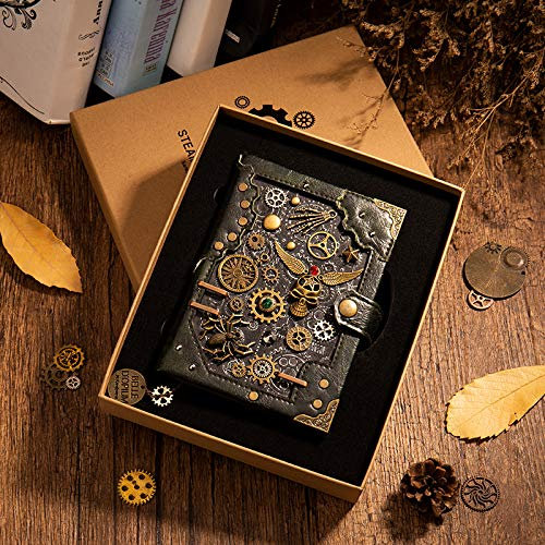 Vinbcorw Steampunk Noitzbuch Notizbuch, antik, handgefertigt, ledergebunden, für tägliche Notizen, mit Blanko-Seiten, 16.5 x 12.8 cm, Geschenk, Reisetagebuch Enthält Keine Tinte,B