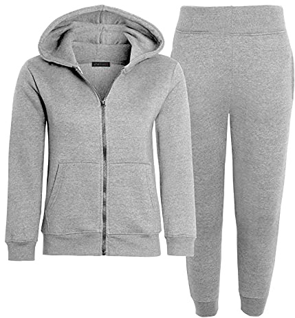 shelikes Kids Tracksuit Plain Fleece Hooded Zipped Top With Bottom Joggers Jogging Suit Outfit Set For Girls Boys Children Age 5-14 Years