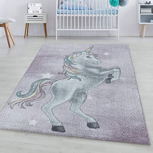 SIMPEX KinderTeppich, Einhorn-Design, Teppich Violett, 80 x 150 cm, Teppich für Kinder, Teppich Kinderzimmer