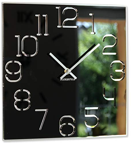 FLEXISTYLE quadratisch Digit 30 cm Durchmesser, ohne tickgeräusche modern, Design Acrylglas und Acrylspiegel, Wohnzimmer, Schlafzimmer (Schwarz), z120_1(0)-0-x 30cm, 30cm