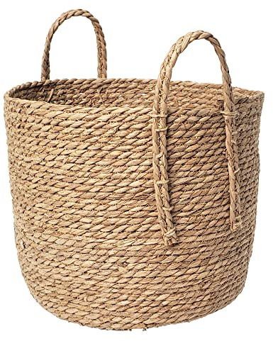 Simple Elements Woven Rattan Storage Basket – Decorative Storage basket for Blankets, Toys, Clothes, Shoes, Towels with Woven Handles – Living Room Home Décor – 12”H x 14” Dia. - Brown