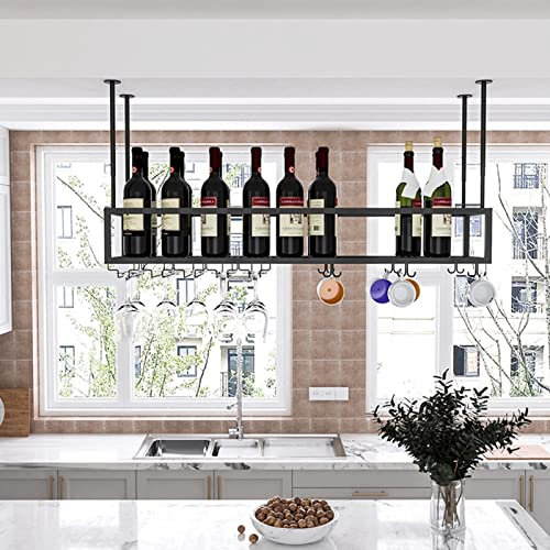 WYZDCP Weinregale mit Glashalte Deckenregal Hängend Metallflasche Rack Weinspeicherhalter, Floating Wine Shelf Metall Deckenanzeige Weinregal mit Stemware-Glas Dekorationhalter für Küchenbar