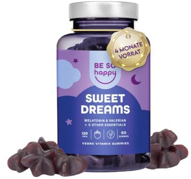 Melatonin Gummies 0,5mg für den Schlaf,120 Tage, Extra Leckere mit Baldrian + Passionsblume + Kamille + Lavendel + Vitamin B6, Blaubeergeschmack, 60 leckere Gummibärchen, Vegan, BeSoHappy®