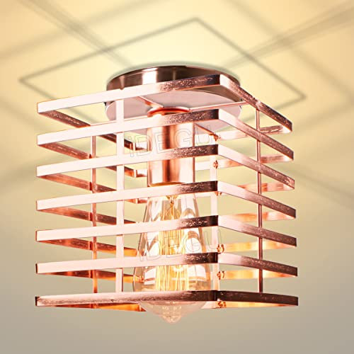iDEGU Plafonnier Industrielle Cage Lustre Suspension en Métal Fer Luminaire Rétro Style Cubique E27 Lampe de Plafond Vintage pour Chambre Cuisine Couloir, Or Rose