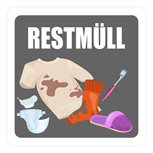 Aufkleber für Abfall- und Mülltrennung Aufkleber 20x20cm - UV-Beständig und Wetterfest - Restmüll, Gelber Sack, Biomüll, Altpapier (Restmüll Aufkleber)