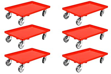 SparSet 6X Transportroller für Euroboxen 60x40cm mit Gummiräder rot | Geschlossenes Deck | 2 Lenkrollen & 2 Bremsrollen | Traglast 300kg | Kistenroller Logistikroller Rollwagen Profi-Fahrgestell