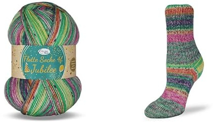Rellana Flotte Socke Jubilee, 40Jahre Rellana,100 g/420m LL,4-fädige Sockenwolle,75% Schurwolle/25% Polyamid, (1762 pink-grün-gelb)