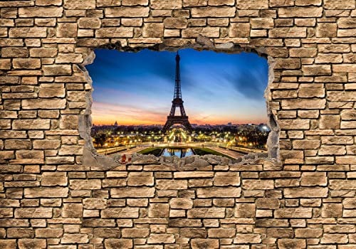 wandmotiv24 Fototapete 3D Eiffelturm bei Nacht Frankreich - Steinmauer, 200 x 140cm - selbstklebende Vliestapete 150g, Wanddeko, Wandbild, Wandtapete, 3D-Optik, Wandbruch, Paris M0652