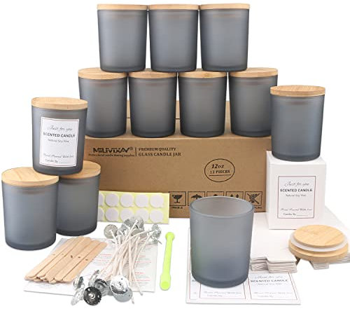 MILIVIXAY 12 Pack 12 OZ Frosted Grey Glass Candle Jars with Lids and Candle Making Kits - Bulk Empty Candle Jars for Making Candles - Spice, Powder Containers.