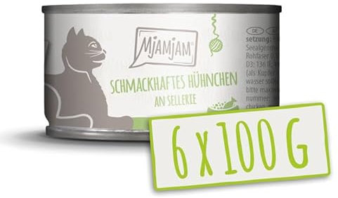 MjAMjAM – Premium Nassfutter für Katzen - schmackhaftes Hühnchen an gedünstetem Sellerie 100g, 6er Pack (6 x 100g), naturbelassen mit extra viel Fleisch