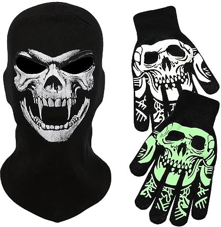 Byhsoep Halloween Sturmhaube Vollgesichtsmaske Mit Totenschädel Aufdruck Skeleton Maske Handschuhe Leuchtend Ghost Skull Horror Maske für Halloween Party Cosplay Karneval Erwachsene