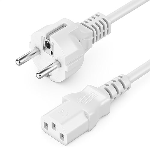 deleyCON 1m Cable de Alimentación Cable de Corriente Enchufe con Toma de Tierra Tipo F (CEE 7/4) a Conector de Alimentación C13 Ordenador Monitor Impresora Proyector - Blanco