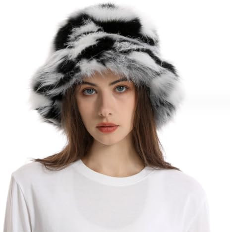 OhMill Eleganter, flauschiger Fischerhut für Damen, Kunstfell, flauschig, warm, gemischte Farben, Plüsch, Fischerhut, verstellbar, für Damen, Teenager, Mädchen, Schwarz-Weiß-Mix, Einheitsgröße