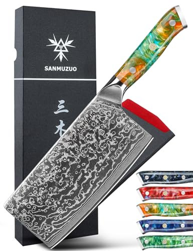 SANMUZUO Coltello da Chef Cinese Professionale - Coltello da Cucina 18 cm, Coltello da Chef Acciaio Damasco da 67 Strati- Impugnatura Ergonomica Resina - Xuan Series(Fantasia Arancione)