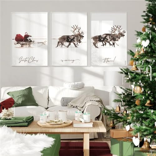 Herfair Winter Poster 3er Set Weihnachtsmann Elch Wandbilder Wohnzimmer Deko Kunstdruck Bilder Leinwand Ohne Rahmen Weihnachten Thema Wanddeko Poster (50 x 70 cm)