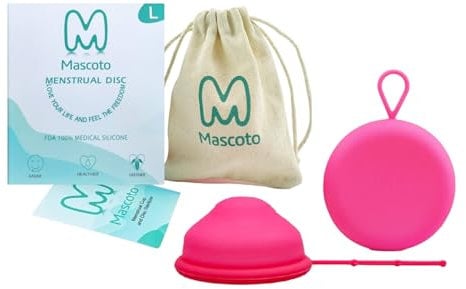 Menstrual Disc with String, Reusable Flat-fit Cup Made from Medical-Grade Silicone, Ultra Comfortable, Tampon & Pad Alternative, Mess-Free Period Sex by Mascoto® (Large)